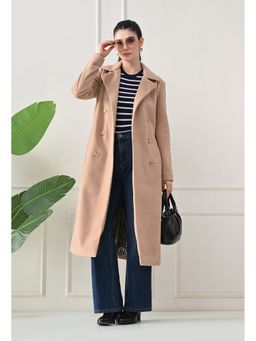 TBOJ - Beige Solid Full Sleeves Notched Lapel Longline Winter Coat