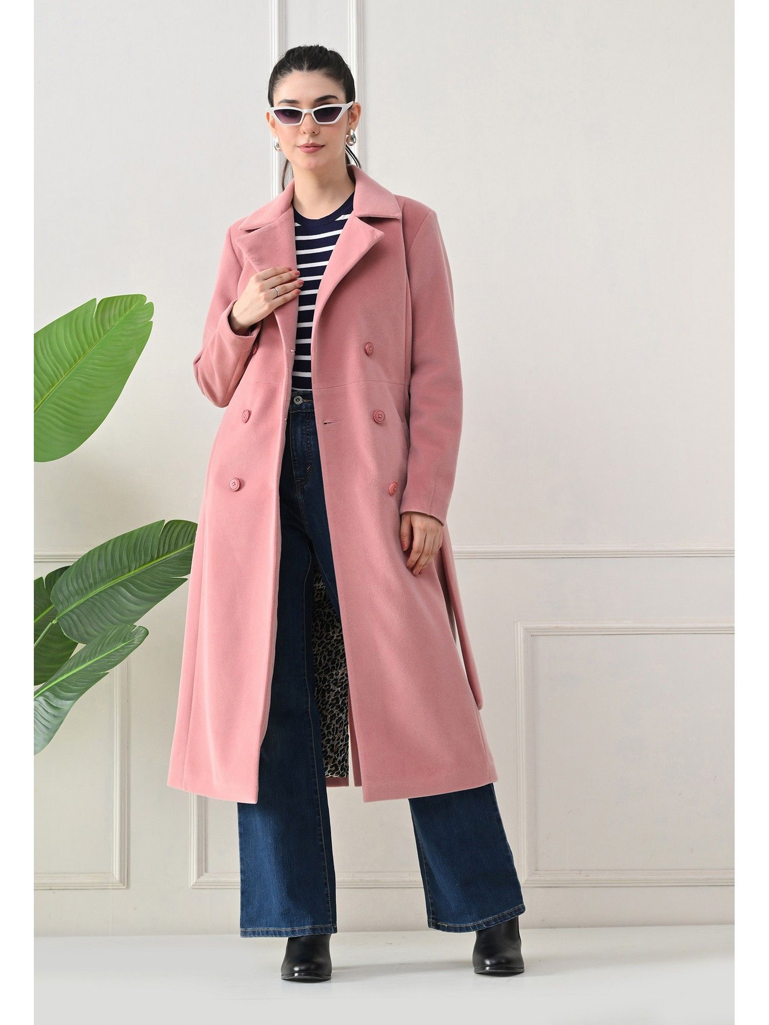 tboj Pink Solid Full Sleeves Notched Lapel Longline Winter Coat-picture-17