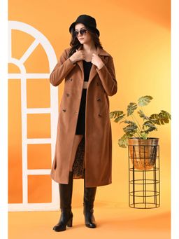 TBOJ - Women Tan Solid Full Sleeves Notched Lapel Longline Winter Coat with Belt