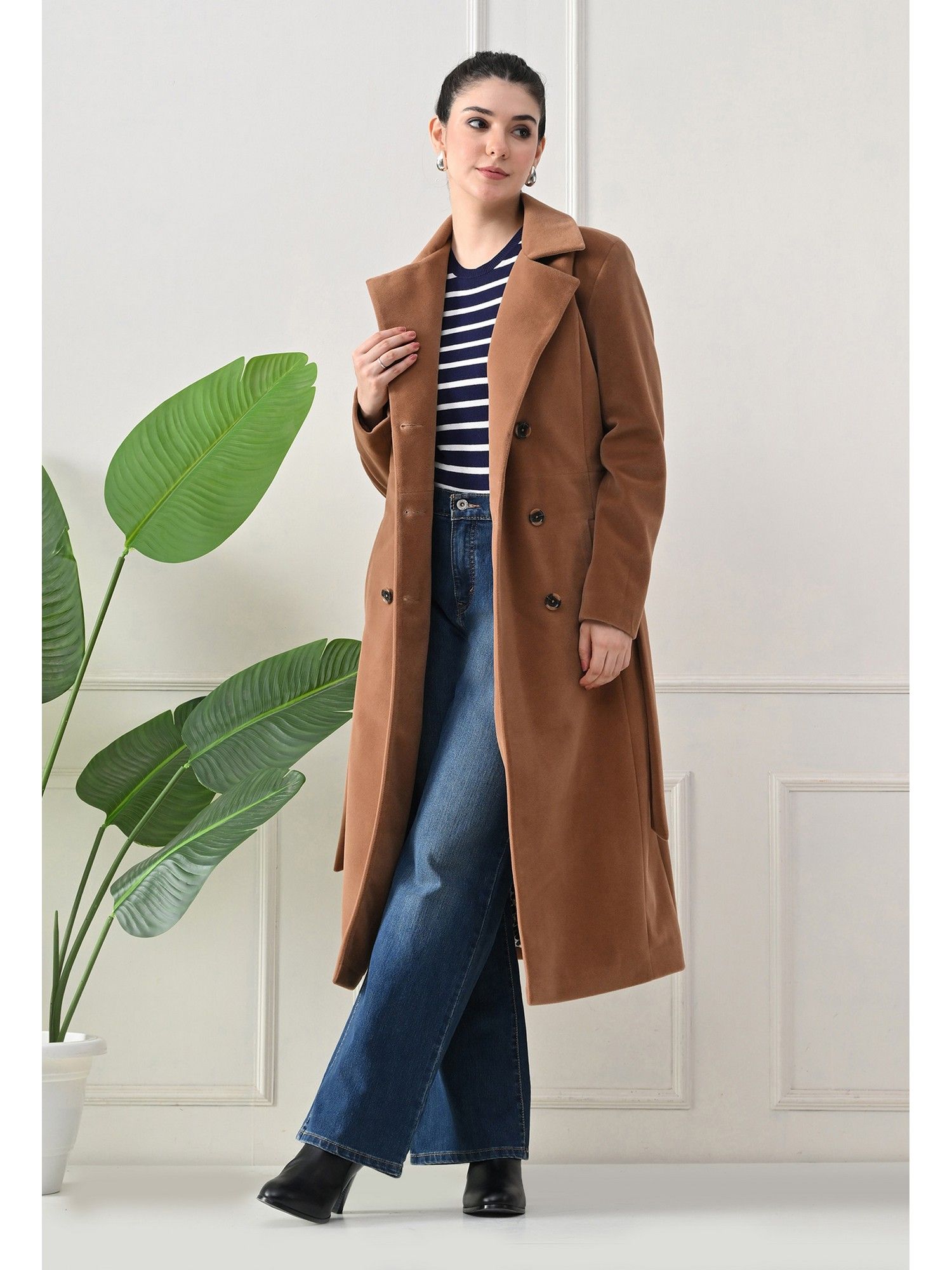 tboj Tan Solid Full Sleeves Notched Lapel Longline Winter Coat with Belt-picture-14