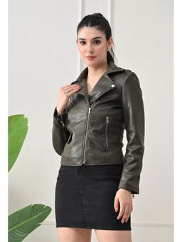 TBOJ - Green Women Solid Leather Crop Jacket