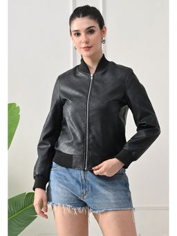 TBOJ - Women Solid Black Leather Crop Jacket