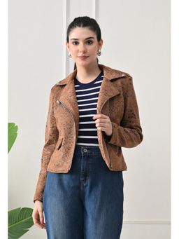 TBOJ - Tan Women Solid Suede Foil print Crop Jacket