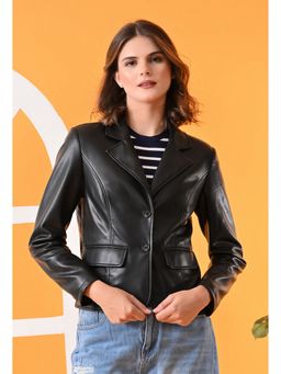 TBOJ - Black Women Solid Single Breasted Leather Blazer