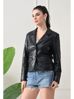 TBOJ - Women Black Solid Single Breasted Leather Blazer