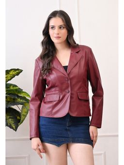 TBOJ - Women Solid Crop Maroon Leather Jacket