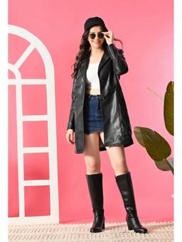TBOJ - Women Solid Longline Black Leather Jacket