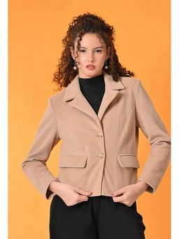 TBOJ - Women Beige Solid Suede Tailored Crop Jacket