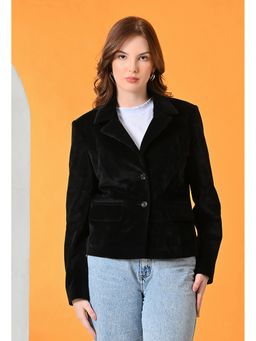 TBOJ - Women Black Solid Suede Tailored Crop Jacket