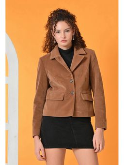 TBOJ - Women Tan Solid Suede Tailored Crop Jacket