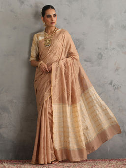 Shwet Heritage - Beige Hand Embroidered Chikankari Saree with Unstitched Blouse