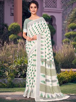 Akhilam - Womens Pure Linen Off White Printed Designer Saree with Unstitched Blouse