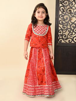 Superminis - Girls Red Pure Cotton Floral Lehenga with Choli