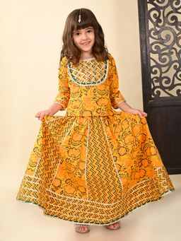 Superminis - Girls Yellow Pure Cotton Floral Lehenga with Choli