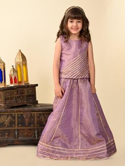 Superminis - Girls Purple Chanderi Silk Printed Lehenga with Choli