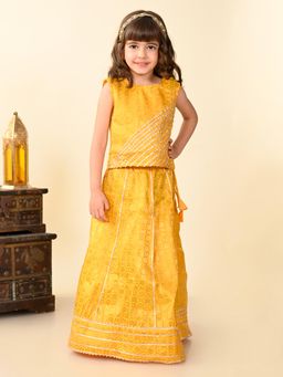 Superminis - Girls Yellow Chanderi Silk Printed Lehenga with Choli