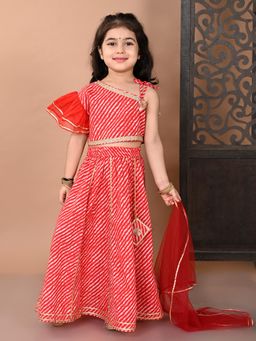Superminis - Girls Red Pure Cotton Printed Lehenga with Choli and Dupatta