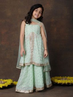 Superminis - Girls Green Georgette Embellished Lehenga with Choli and Dupatta