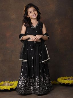 Superminis - Girls Black Silk Floral Lehenga with Choli and Dupatta