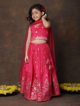 Superminis - Girls Magenta Silk Floral Lehenga with Choli and Dupatta
