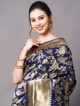 Akhilam - Navy Blue Festive Silk Blend Woven Design Saree with Unstitched Blouse with Unstitched