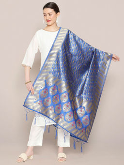 Dupatta Bazaar - Womens Royal Blue Banarasi Silk Dupatta with floral Motif design