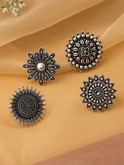 Yellow Chimes - Set of 4 Pcs Silver Oxidised Adjustable Ring