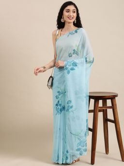 Vastranand - Blue Floral Pure Chiffon Saree with Unstitched Blouse