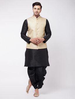 Vastramay - Mens Cream & Black Silk Blend Jacket, Kurta with Dhoti (Set of 3)