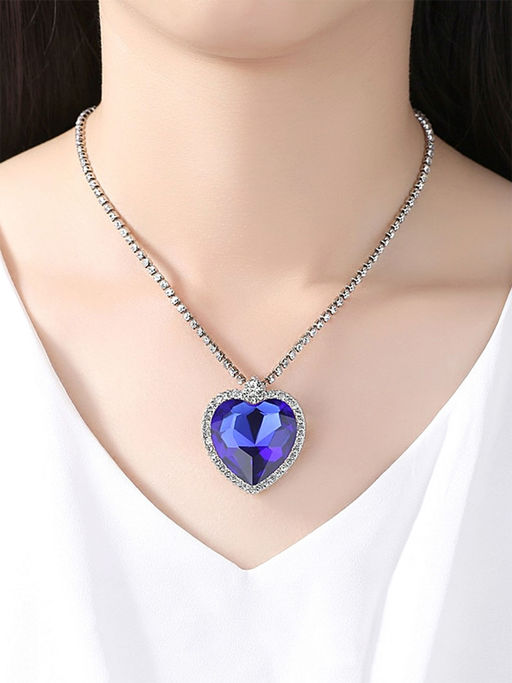 Yellow Chimes Special Blue Ocean Heart Austrian Crystal Silver Plated Pendant Set