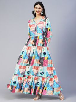 FASHOR - Bohemian Printed Hand Embroidered Maxi Dress Multi-color
