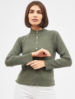Kibo - Womens Olive High Neck Long Sleeve Top