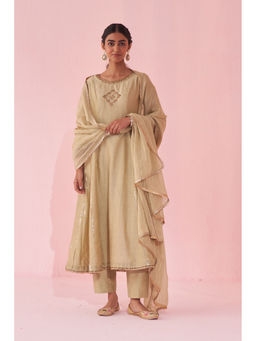STUDIO BAGECHAA - Gaura Beige Anarkali Kurta with Pant and Dupatta (Set of 3)