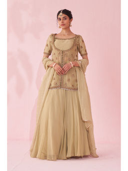 STUDIO BAGECHAA - Gulmohar Beige Jacket Lehenga with Blouse and Dupatta (Set of 4)