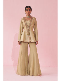 STUDIO BAGECHAA - Gungun Beige Sharara with Bustier and Jacket (Set of 3)