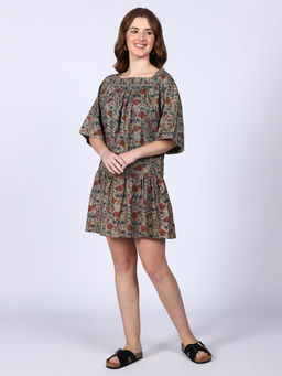 Saint G - Womens Olive Printed Cotton Poplin Short Mini Dress