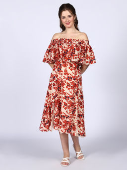 Saint G - Womens Red Off Shoulder Midi Dress