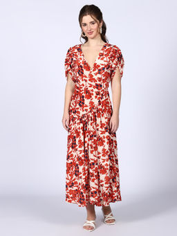 Saint G - Womens Red Deep V-Neck Maxi Dress