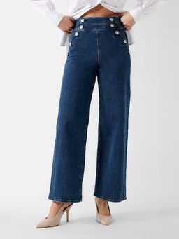 Guess - Women Alina Blue Solid Loose Fit High Rise Jeans