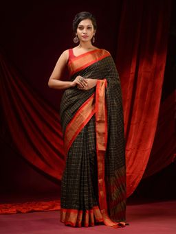 CHARUKRITI - Black Cotton Silk Checkered Zari Borders and Striped Pallu Saree with Unstitched Blouse