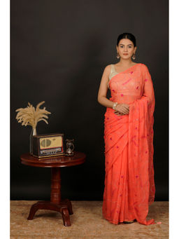 Geroo Luxe - Coral Orange Chiffon Hand Embroidered Saree
