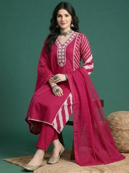 ANAISA - Women's Pink Diagonal Striped Tiedry Cotton Kurta with Pant & Dupatta