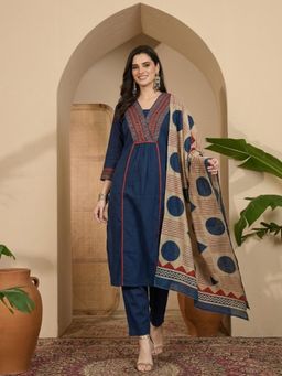 ANAISA - Women's Blue Printed Cotton Kurta with Pant & Dupatta