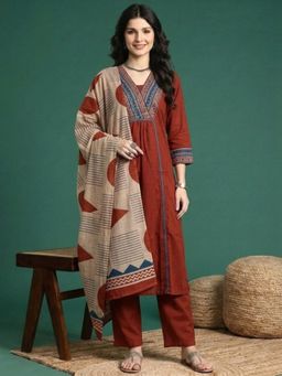 ANAISA - Women's Rust Printed Cotton Kurta with Pant & Dupatta