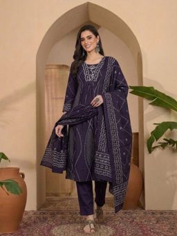 ANAISA - Women's Diagonal Tiedry Purple Cotton Kurta with Pant & Dupatta