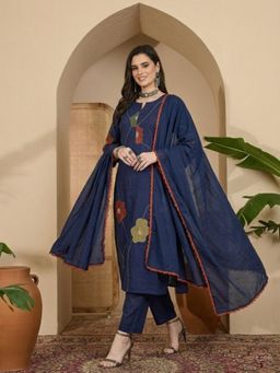 ANAISA - Women's Blue Cotton Embroidery Print Kurta with Pant & Dupatta