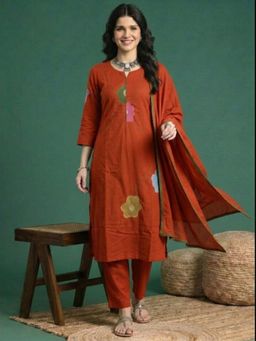 ANAISA - Women's Orange Cotton Embroidery Print Kurta with Pant & Dupatta