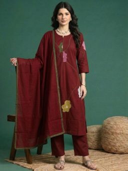 ANAISA - Women's Rust Cotton Embroidery Print Kurta with Pant & Dupatta