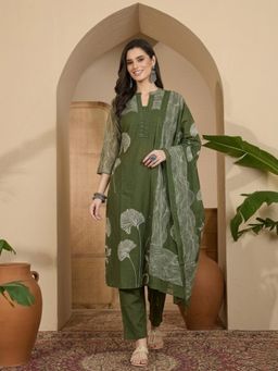 ANAISA - Women's Green Cotton Floral Print Kurta with Pant & Dupatta