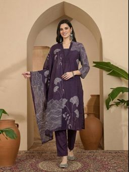 ANAISA - Women's Purple Cotton Floral Print Kurta with Pant & Dupatta